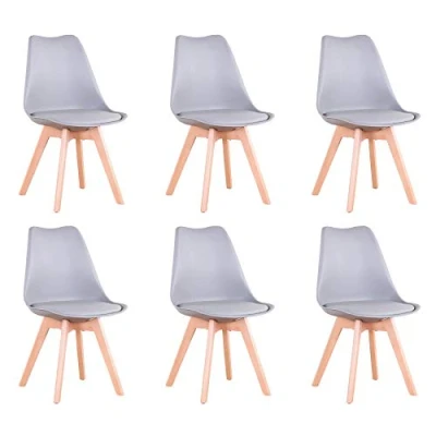 Afbeelding van BenyLed Set van 6 moderne tulpvormige eetkamerstoelen, met gevoerde zitting en poten beukenhout, ideaal voor eetkamer, keuken, woonkamer, slaapkamer, grijs