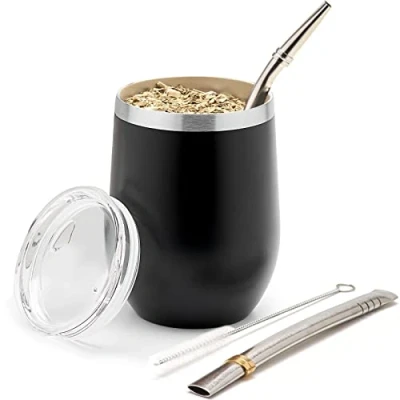 Afbeelding van BALIBETOV Set Calebasse Maté Yerba (mat) en Bombilla roestvrij staal 18/8 dubbelwandig bevat twee pompons een reinigingsborstel (zwart, 235 ml)