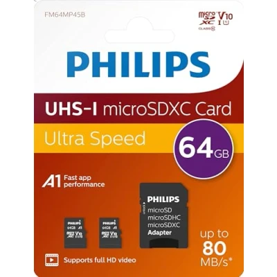 Afbeelding van Philips FM64MP45D Micro SDXC kaart 64GB incl. Adapter Class 10 UHS I U1 2 Pack