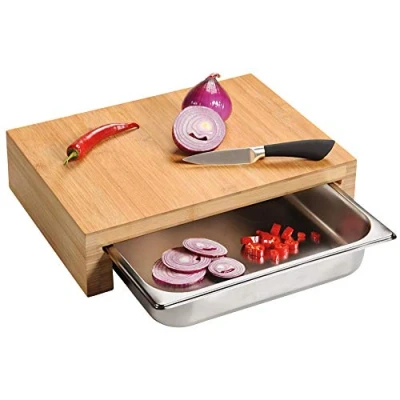 Afbeelding van FSC® Bamboe Houten Snijplank met 1 RVS Lade 2in1 Verhoogde Snij Plank Uitschuifbare laden aan de Voorkant (Opvangbakken) Afm. 37.5 x 27.5 9.5 Cm.