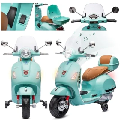 Afbeelding van Vespa Elektrische motorfiets voor kinderen met wielen en kunststof zitting, kofferbak, MP3 speler, AUX stekker MicroSD USD (turquoise)