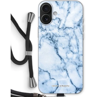 Afbeelding van Case Company® hoesje met Koord geschikt voor iPhone 16 Plus Blauw marmer Telefoonhoesje Zwart Bescherming aan alle Kanten en Over de Schermrand