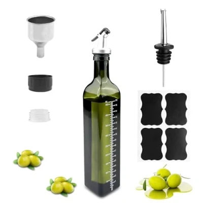 Afbeelding van Gvolatee olijfolie fles 500 ml, dispenser met schenktuit, trechter van roestvrij staal, etiketten, glazen azijn container voor keuken, grillen, bakken, salade