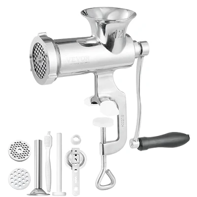 Image de VEVOR Hachoir à Viande Manuel en Inox Alimentaire Manivelle 2 Plaques de Broyage 5/8 mm Poussoir Saucisses Fixation Ferme Améliorée par Serre Joint la Boucherie