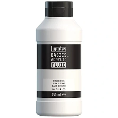 Afbeelding van Liquitex Basics Fluid Acrylverf met vloeibare consistentie, sneldrogend, lichtecht, waterdicht, op waterbasis, 250 ml fles, titaniumwit
