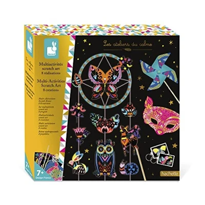 Afbeelding van Janod Scratch Art Multi Activiteitenbox 8 Prestaties Kraskaarten Les Ateliers du Calme Creatieve vrijetijdsset voor kinderen Behendigheid en concentratie Vanaf 7 jaar, J07993