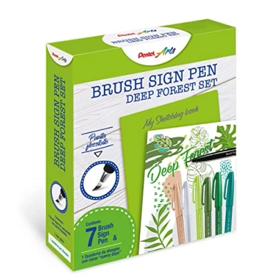 Afbeelding van Pentel SES15C Borstel Sign Pen Sketching Set Deep Forest &amp; Notebook