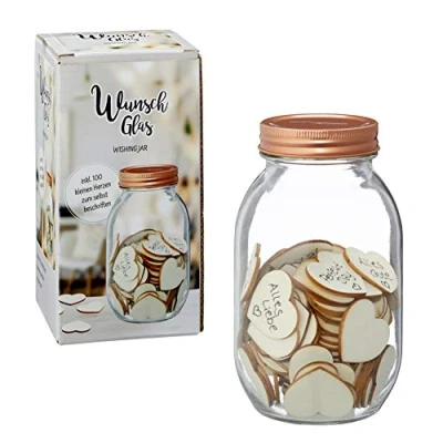 Afbeelding van 1x Glazen wenspotje houten wenshartjes 17 cm Bruiloft decoratie Huwelijk Gastenboek
