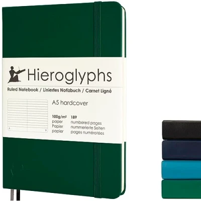 Afbeelding van Hieroglyphs Notitieboek A5 Gelijnd Hardcover 189 Genummerde Pagina’s 100 Grams Papier Elastiek Schrijfboek Donkergroen