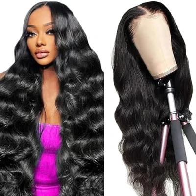 Image de Tuheerst Body Wave Human Hair Wig Real Natural Black 4X4 Lace Closure Glueless Wear and Go 100% Unprocessed Brazilian Virgin No Smell Tangle for Woman 26 Inch