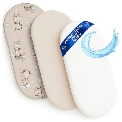Afbeelding van Cododo Hoeslaken voor reiswieg, 2 stuks, 3 stuks: 75 x 35 cm, met matrasbeschermer, waterdicht, babymatrasbeschermer, compatibel wiegen, kinderwagen, kinderwagen