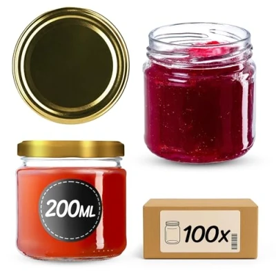 Afbeelding van KADAX Kleine inmaakpotten, 200 ml, luchtdicht, rond, FI66 mm, jampotten, bokalen, minipotten voor honing en kruiden, 100 stuks, goudkleur