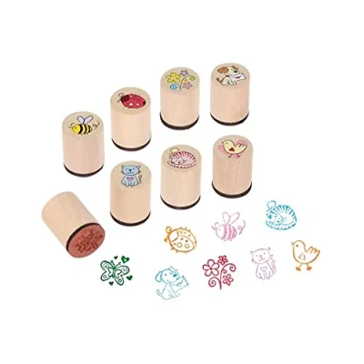 Afbeelding van Ameisenkeks® Set van 8 stempelkussens met bijen, hond, kat... verschillende stabiele motieven houten stempels voor kinderen, verjaardag, klein cadeau