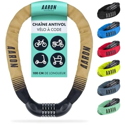 Afbeelding van AARON Lock One fietsslot met 5 cijferige cijfercode, stalen ketting en hoog veiligheidsniveau, slot voor e bike, mountainbike, trekking, touringfiets, straatfiets, zand