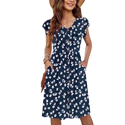 Afbeelding van MOLERANI Zomerjurk voor dames, casual, ruches, V hals, elastische taille, middellange jurk met zakken, maat S 2XL, Blauwe bloemen