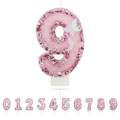 Afbeelding van Verjaardagskaarsen, cijferkaarsen 9, vlinder, roze, voor verjaardagstaartdecoratie, 3D taartdecoratie
