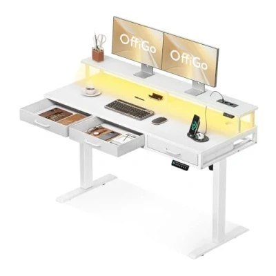 Afbeelding van OffiGo Elektrisch staand bureau met 3 laden, in hoogte verstelbaar monitorstandaard, ergonomische tafel ledlampen, 140 x 54 78,5 cm, wit