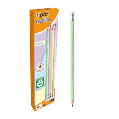Afbeelding van BIC Evolution Pastel grafietpotloden met gom en schokbestendige HB stift 4 hulskleuren verpakking 12 stuks