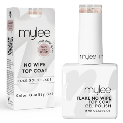 Afbeelding van Mylee No Wipe Glinsterende Roségouden Getinte Vlokken Topcoat 15ml, UV LED Gel Nagellak, Snel, Gemakkelijk Langdurige Finish voor Natuurlijke Nagels, Acryl Extensions &amp; Tips, Professionele Manicure