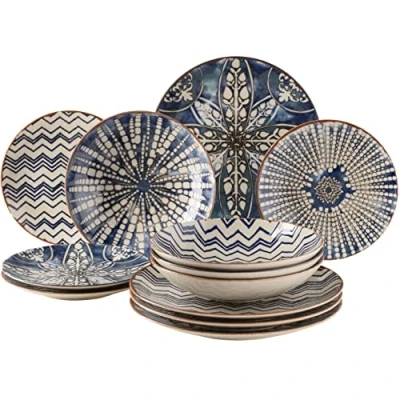 Afbeelding van MÄSER 934017 Iberico Blue 12 delig tafelservies voor 4 personen in Moorse stijl, bordenset met verschillende vintage patronen wit en blauw, steengoed