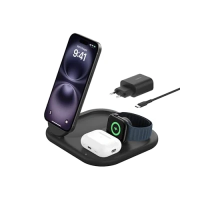 Afbeelding van Belkin Draadloze Oplader Boostcharge Qi2 15w Magnetic 3 in 1 Stand Zwart (wiz029vfbk)