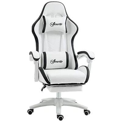 Afbeelding van Vinsetto gamingstoel, rugleuning 135 graden kantelbaar, met hoofdsteun, voetensteun, lendensteun, voor volwassenen, wit en zwart