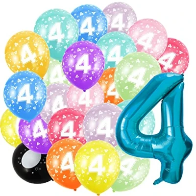 Afbeelding van 4 jaar, verjaardag, opblaasbare ballonnen, cijfer en 20 ballonnen van 30 cm, enorme folieballonnen 101 verjaardagsdecoratie, meisjes, jongens, met helium vliegen