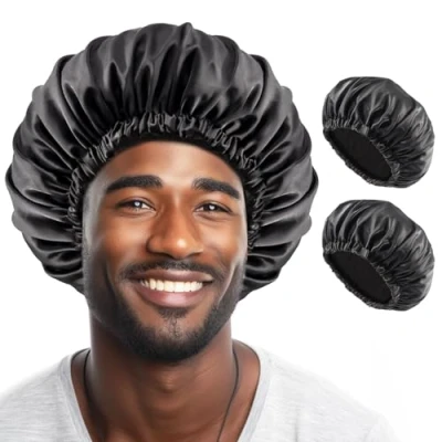 Afbeelding van Lolalet Durag Set van 2 satijnen mutsen voor heren, zwart, maat L (één maat), zwart.