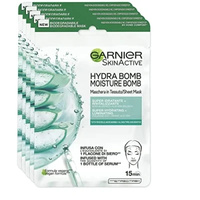 Afbeelding van Garnier Skin Active Hydra Bomb stofmasker, super hydraterende en revitaliserende formule, voor alle huidtypes, met hyaluronzuur biologische aloë vera, 5 stuks