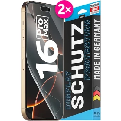 Afbeelding van se® Displaybeschermfolie voor iPhone 16 Pro Max, 2 stuks, displaybeschermfolie, Made in Germany, eenvoudige installatie, stofvrij, luchtbelvrij, TPU folie