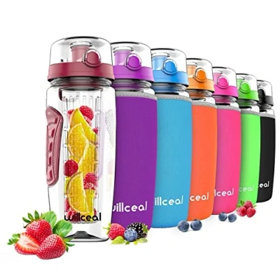 Afbeelding van willceal Waterfles met fruitinzetstuk, 0,95 l, van Tritan, BPA vrij, klapdeksel, lekvrij, geschikt voor sport en camping, donkerrood