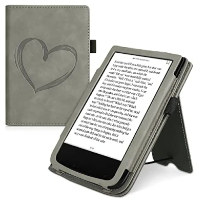 Afbeelding van kwmobile E reader hoesje geschikt voor Pocketbook Touch Lux 4/5/Touch HD 3/Color (2020)/ Vivlio 5 hoes flip case van kunstleer Ereader cover met stand Brushed Hart design in grijs