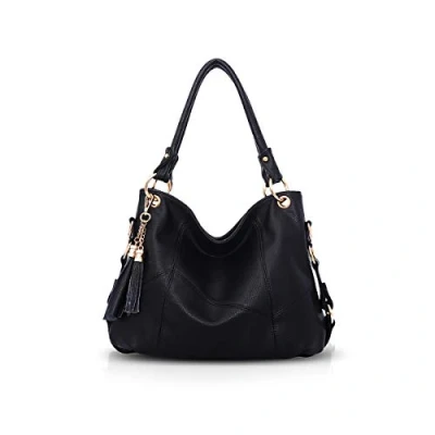 Afbeelding van NICOLE &amp; DORIS Handtas voor dames, schoudertas, leer, schoudertas met pompon, zwart.