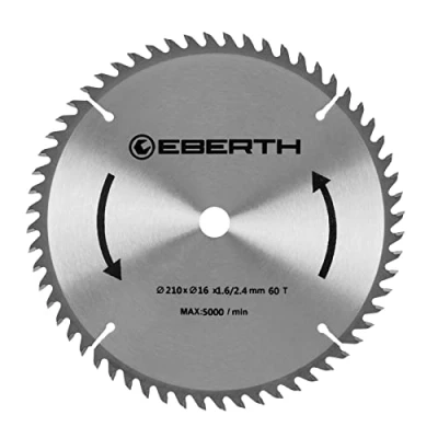 Afbeelding van EBERTH Cirkelzaagblad van staal met hardmetalen tanden voor het snijden hout (diameter 210 mm, boring 16 bladdikte 1,6 zaagbreedte 2,4 60 tanden, rpm max. 5000)