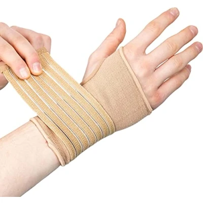 Afbeelding van Actesso Elastische polsbrace voor gewrichtspijn, ideaal verstuikingen, herhaald microtrauma, tendinitis en sportblessures, rechter of linkerhand, L, beige