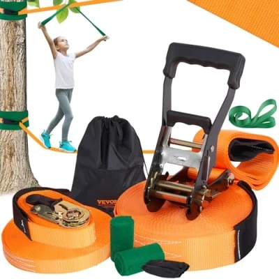 Image de VEVOR Slackline 18,3 m Sangle d&#039;Équilibre Charge 226,8 kg Jeu Complet avec Protecteur d’Arbres Entraîneur de Bras Configuration Facile Parcours d’Équilibre pour Enfants Adultes Débutants et Avancés