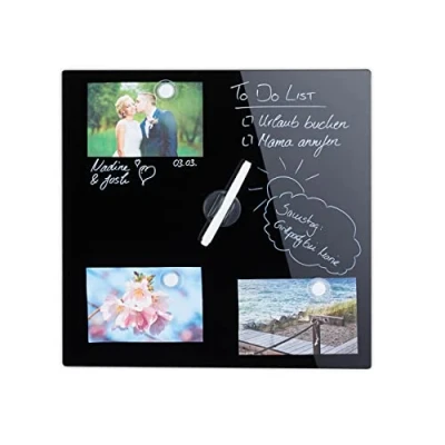 Afbeelding van Relaxdays glassboard zwart memobord magneetbord magnetisch prikbord beschrijfbaar 40 x cm