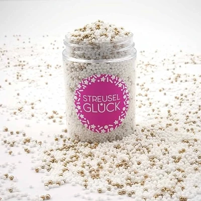 Image de Saupoudrer de bonheur Just Pure blanc/doré 90 g Perles sucre non pareilles pour anniversaire d&#039;enfant Noël Décoration gâteau Cupcake Muffins