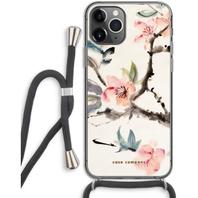 Afbeelding van Case Company® hoesje met Koord geschikt voor iPhone 11 Pro Japanse bloemen Telefoonhoesje Zwart Extra Bescherming aan alle Kanten en Over de Schermrand