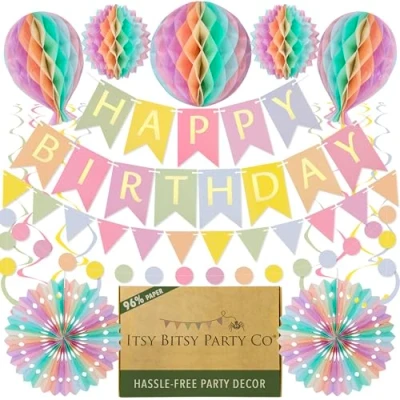 Afbeelding van Hoogwaardige herbruikbare verjaardagsfeestdecoraties Pastel verjaardagsdecoratieset Happy Birthday banner, verjaardagswimpel, nestdecoraties