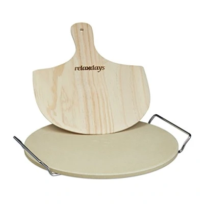 Afbeelding van Relaxdays pizzasteen met pizzaschep rond broodschep houten pizzaspatel pizzaplank