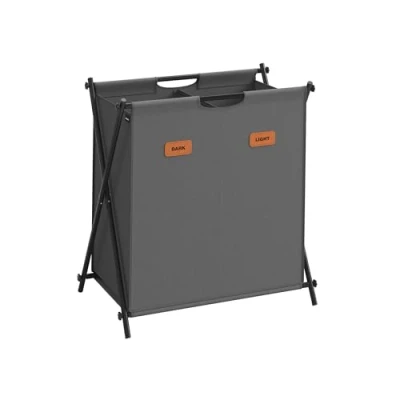 Afbeelding van SONGMICS wasmand, 115 l, wasbox, 2 vakken, opvouwbaar X frame, afzonderlijke etiketten, voor bijkeuken, slaapkamer, badkamer, leigrijs LCB120G01