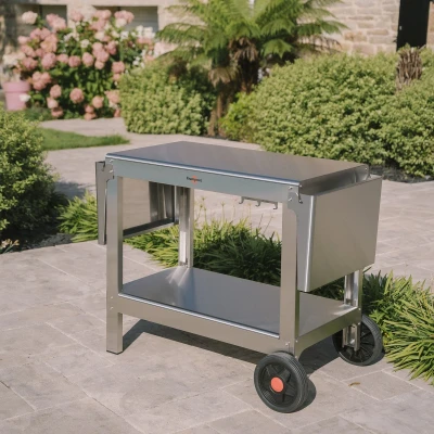 Afbeelding van KRAMPOUZ Buitenwagen voor Plancha of BBQ Roestvrij stalen kar 2 Grote Lades Wielen Opklapbare Planken met Haken Accessoires Ref KHEA05