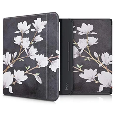 Afbeelding van kwmobile E reader hoesje geschikt voor Kobo Forma hoes flip case met magnetische sluiting Ereader cover Magnolia design in taupe / wit donkergrijs