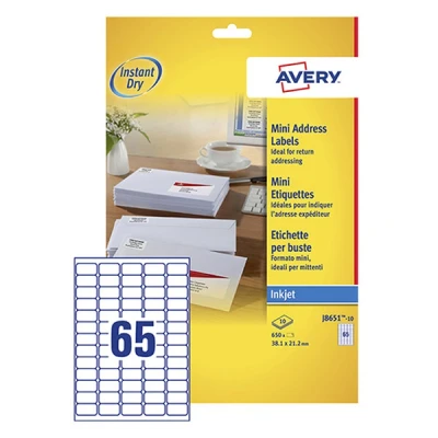 Image de Avery J8651 10 étiquettes d&#039;adresse A4 38,1 x 21,2 mm (650 étiquettes) blanc