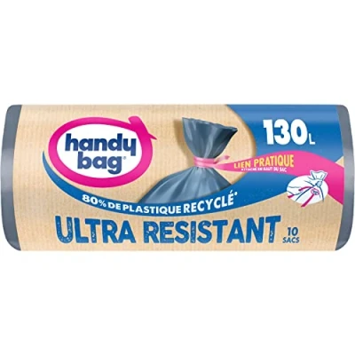 Afbeelding van Handy Bag Praktische vuilniszakken met bindband, 130 l x 10 zakken Lekvrije bodem Maximale waterdichtheid band bevestigd aan de bovenkant van zak 80% gerecycled kunststof