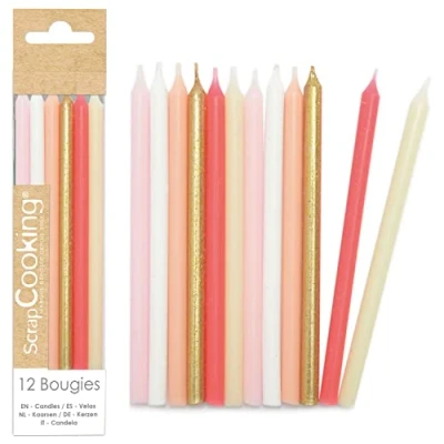 Image de SCRAP COOKING 12 Bougies Longues Roses &amp; Or Dorées, Pastel, Corail Blanc pour Gâteau Anniversaire Décoration Enfant Adulte En Paraffine avec Pics Fête Pâtisserie 0359