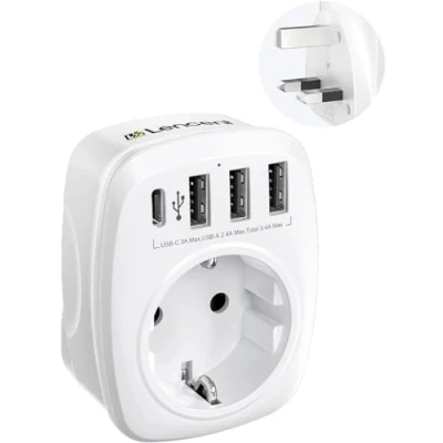 Afbeelding van LENCENT Adapter voor Engelse stekker, Groot Brittannië, Frankrijk, reisadapter met 3 USB en 1 type C, Franse stekker FR naar GB, polig, Schotland, Maldiven, G