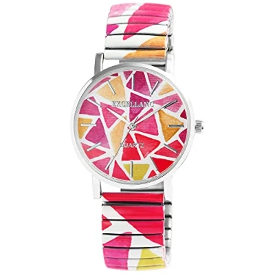 Afbeelding van Excellanc 1700060 Dameshorloge, roestvrij staal, analoog, kwarts, diameter 36 mm, kleurrijk bedrukt motief, wit, rood, oranje, armband
