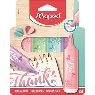 Afbeelding van Maped 4 markeerstiften FLEX pastelkleuren afgeschuinde en flexibele punt langdurige voor school, lettering, bullet journal business willekeurig geselecteerd